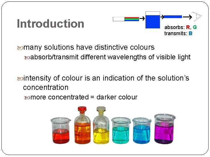 Introduction absorbs: R, G transmits: B many solutions have distinctive colours absorb/transmit different wavelengths