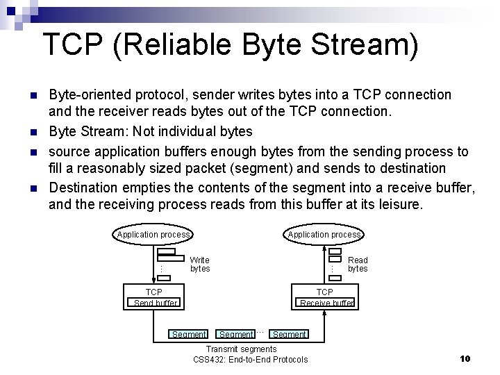 TCP (Reliable Byte Stream) n n Application process Write bytes … n Byte-oriented protocol,