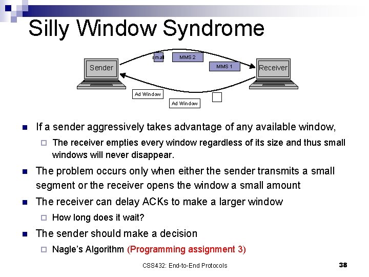 Silly Window Syndrome small MMS 2 MMS 1 Sender Receiver Ad Window n If