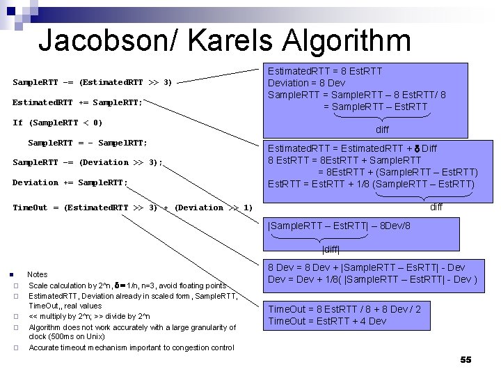 Jacobson/ Karels Algorithm Sample. RTT –= (Estimated. RTT >> 3) Estimated. RTT += Sample.