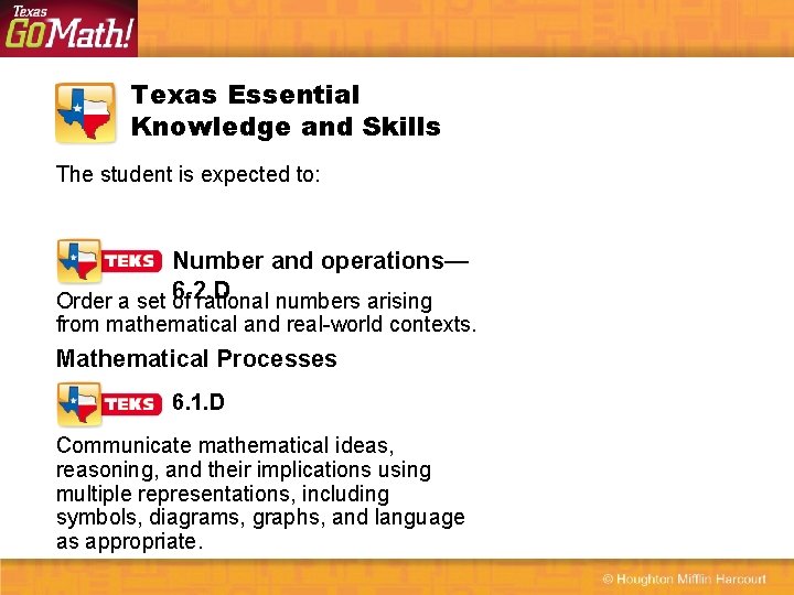 Texas Essential Knowledge and Skills The student is expected to: Number and operations— 6.