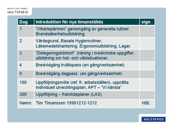 Dag Introduktion för nya timanställda 1 ”Vikariepärmen” genomgång av generella rutiner Brandsäkerhetsutbildning 2 Värdegrund,