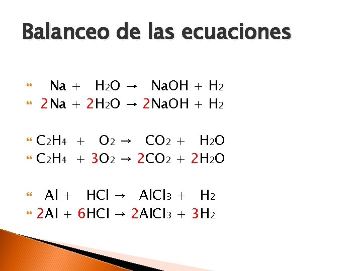 Balanceo de las ecuaciones Na + H 2 O → Na. OH + H