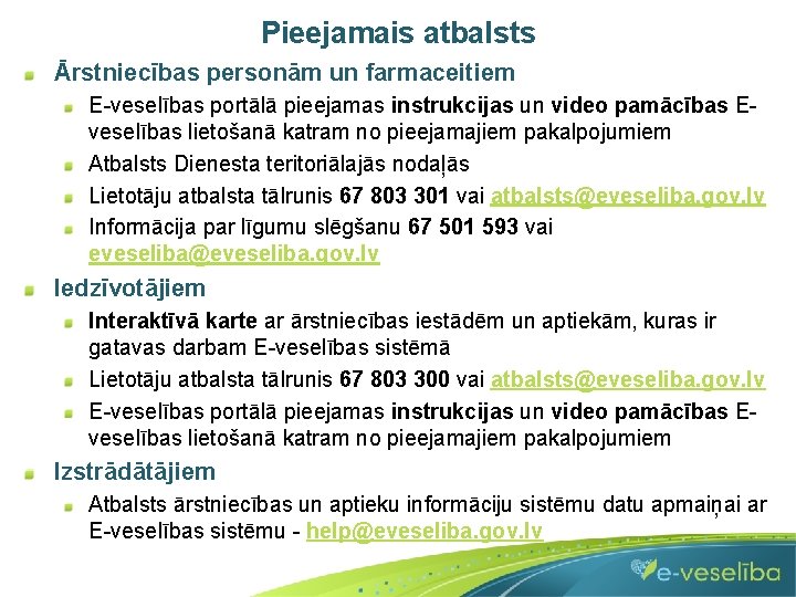 Pieejamais atbalsts Ārstniecības personām un farmaceitiem E-veselības portālā pieejamas instrukcijas un video pamācības Eveselības