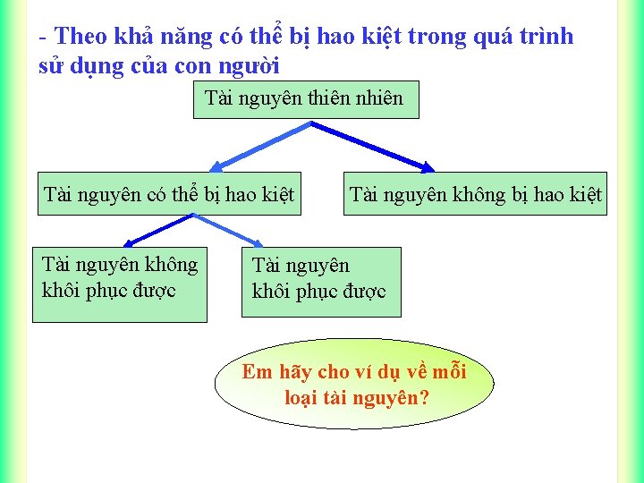 - Theo khả năng có thể bị hao kiệt trong quá trình sử dụng