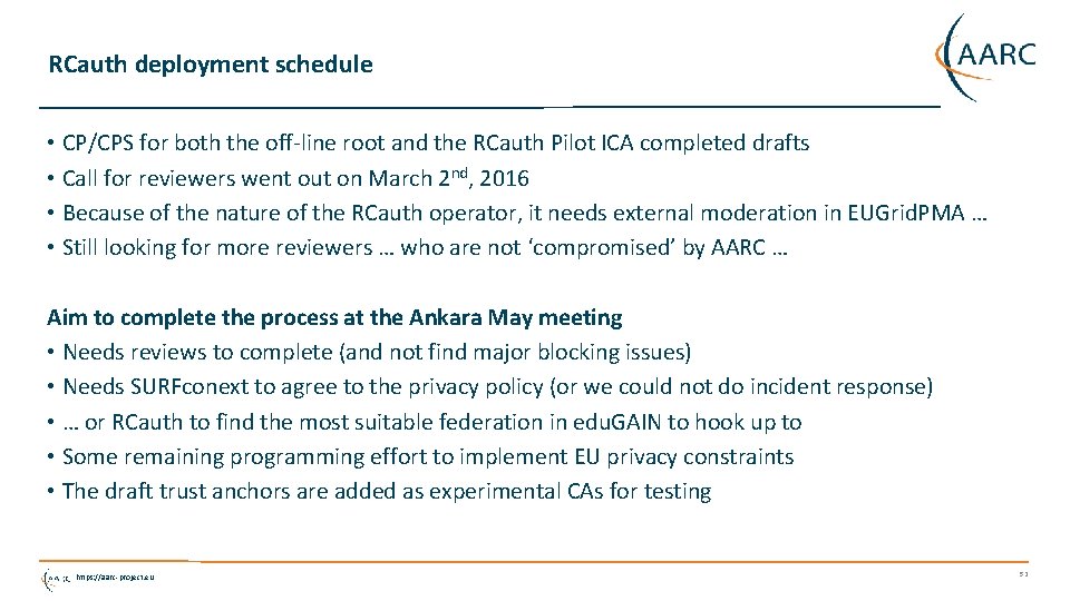 RCauth deployment schedule • CP/CPS for both the off-line root and the RCauth Pilot