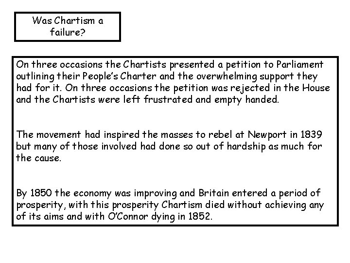 Was Chartism a failure? On three occasions the Chartists presented a petition to Parliament