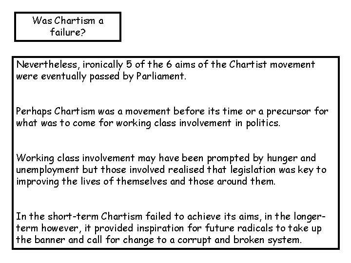 Was Chartism a failure? Nevertheless, ironically 5 of the 6 aims of the Chartist