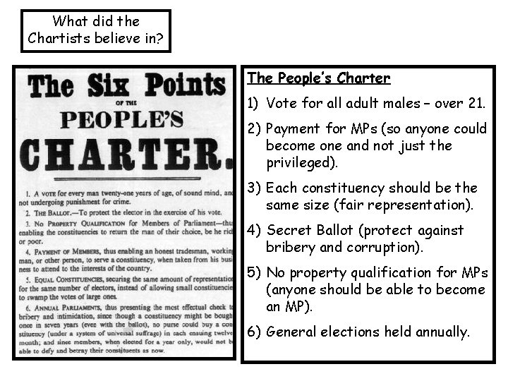 What did the Chartists believe in? The People’s Charter 1) Vote for all adult