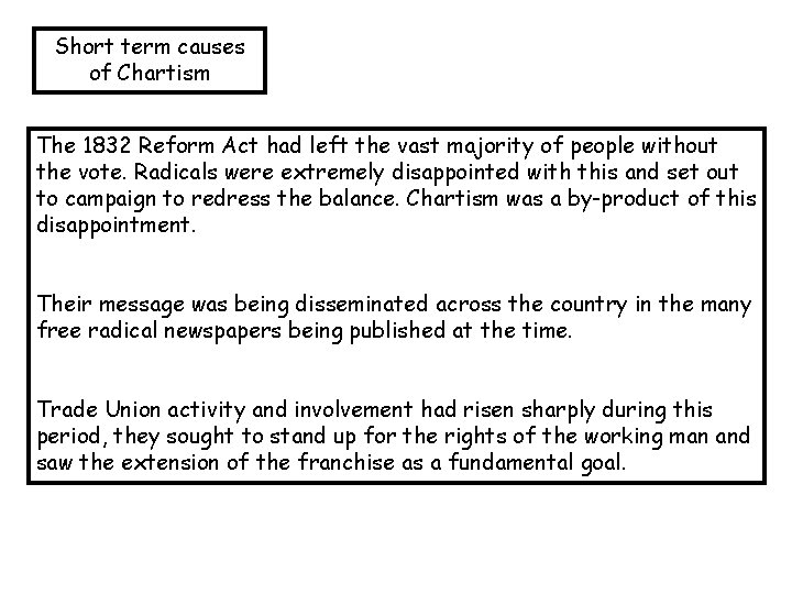 Short term causes of Chartism The 1832 Reform Act had left the vast majority