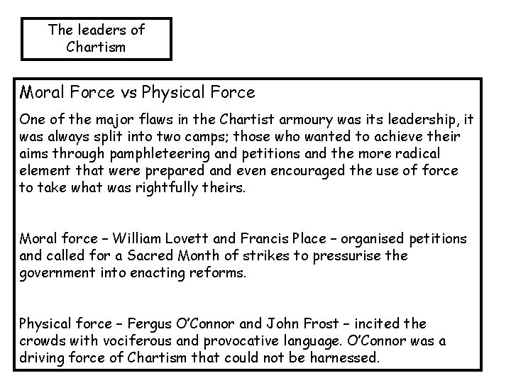 The leaders of Chartism Moral Force vs Physical Force One of the major flaws