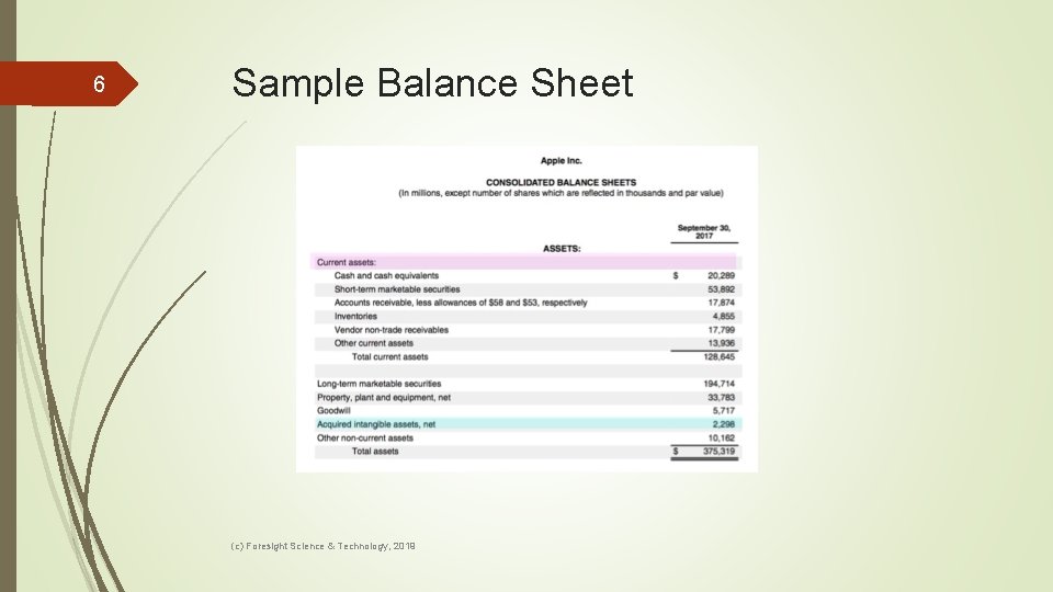 6 Sample Balance Sheet (c) Foresight Science & Technology, 2019 