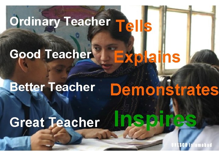 Ordinary Teacher Tells Good Teacher Explains Better Teacher Demonstrates Great Teacher Inspires 