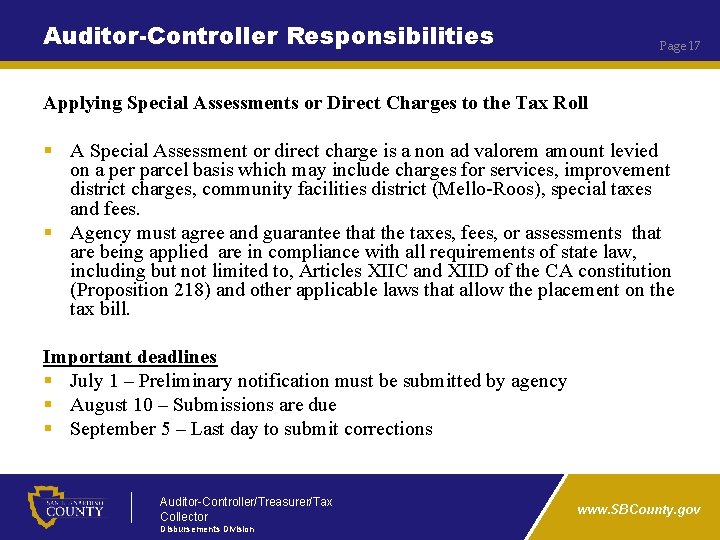 Auditor-Controller Responsibilities Page 17 Applying Special Assessments or Direct Charges to the Tax Roll