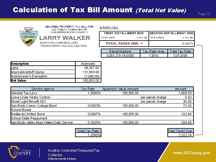 Calculation of Tax Bill Amount Parcel Number 0283 -215 -16 -0000 Description Land Improvements/Fixtures