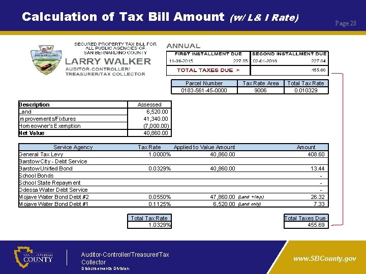Calculation of Tax Bill Amount Parcel Number 0183 -561 -45 -0000 Description Land Improvements/Fixtures