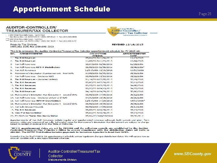 Apportionment Schedule Auditor-Controller/Treasurer/Tax Collector Disbursements Division Page 25 www. SBCounty. gov 