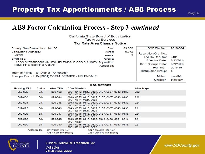 Property Tax Apportionments / AB 8 Process Page 32 AB 8 Factor Calculation Process