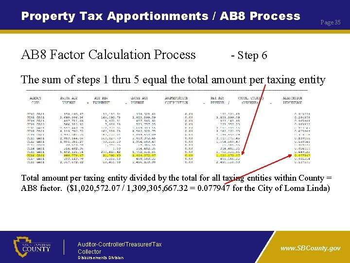 Property Tax Apportionments / AB 8 Process AB 8 Factor Calculation Process Page 35