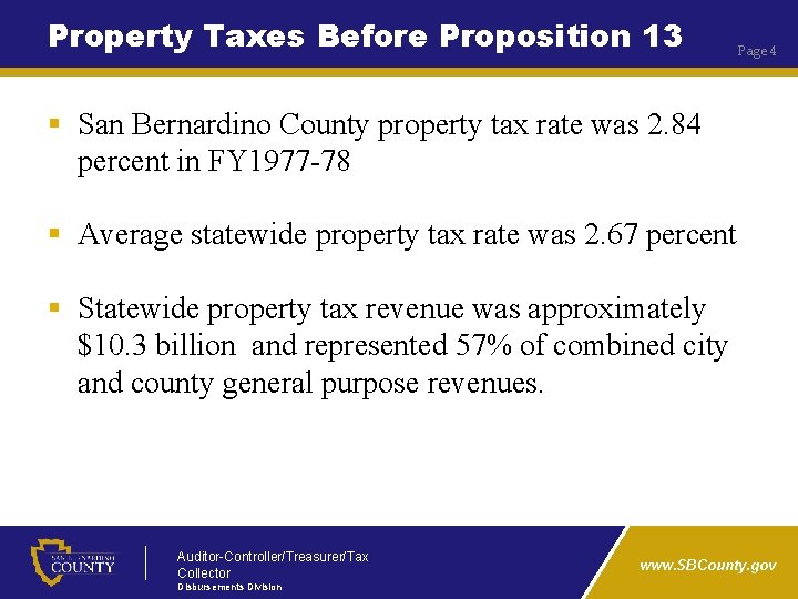 Property Taxes Before Proposition 13 Page 4 § San Bernardino County property tax rate