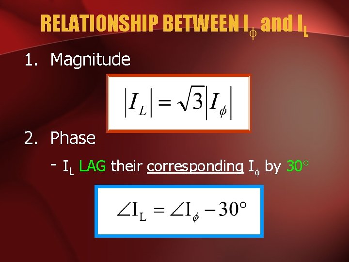 RELATIONSHIP BETWEEN I and IL 1. Magnitude 2. Phase - IL LAG their corresponding