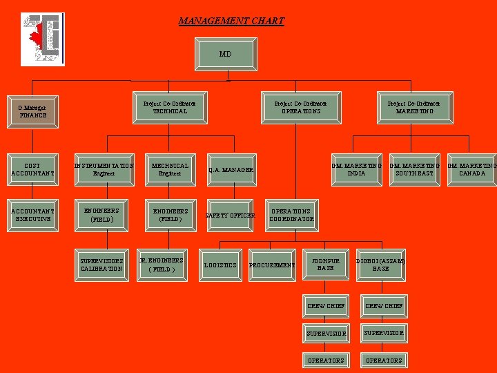 MANAGEMENT CHART MD Project Co-Ordinator TECHNICAL G. Manager FINANCE COST ACCOUNTANT EXECUTIVE INSTRUMENTATION Engineer