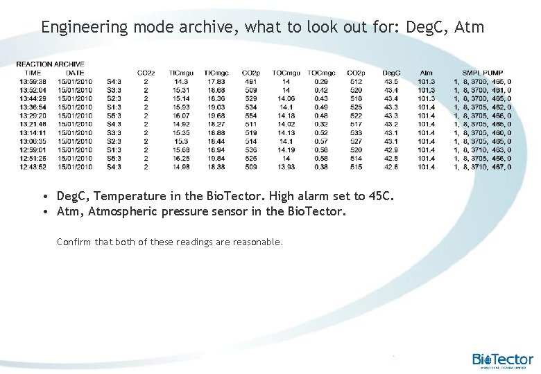 Engineering mode archive, what to look out for: Deg. C, Atm • Deg. C,