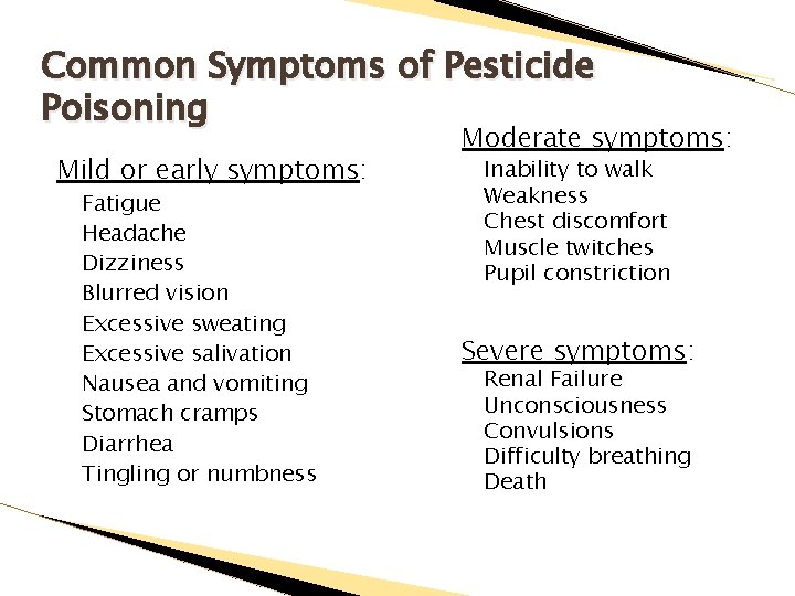 Common Symptoms of Pesticide Poisoning Mild or early symptoms: Fatigue Headache Dizziness Blurred vision