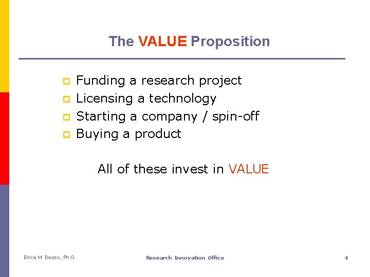 The VALUE Proposition p p Funding a research project Licensing a technology Starting a