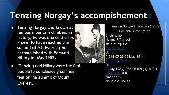 Tenzing Norgay’s accompishements ● Tenzing Norgay was known as a famous mountain climbers in