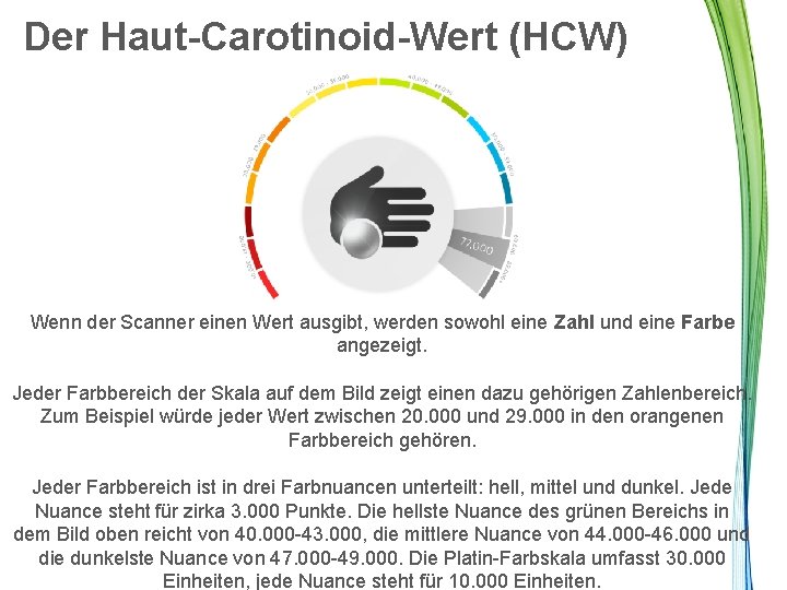 Der Haut-Carotinoid-Wert (HCW) Wenn der Scanner einen Wert ausgibt, werden sowohl eine Zahl und