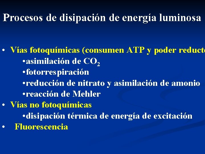 Procesos de disipación de energía luminosa • Vías fotoquímicas (consumen ATP y poder reducto