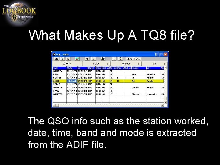 What Makes Up A TQ 8 file? The QSO info such as the station
