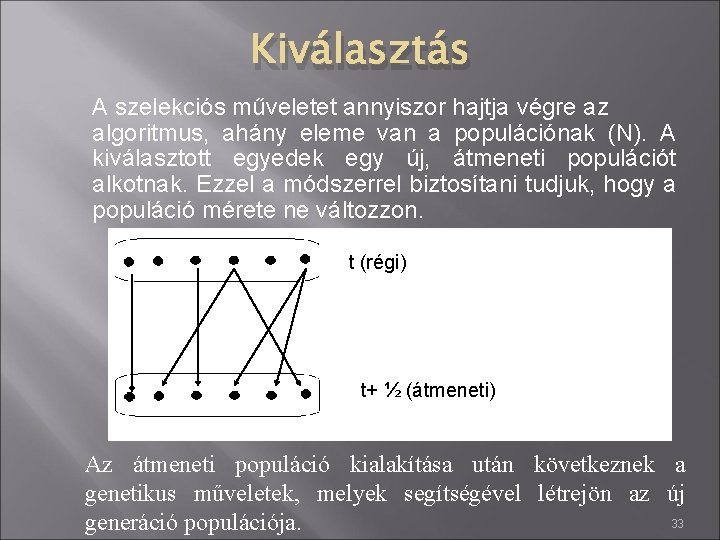 Kiválasztás A szelekciós műveletet annyiszor hajtja végre az algoritmus, ahány eleme van a populációnak