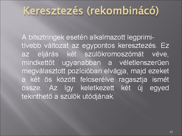 Keresztezés (rekombinácó) A bitsztringek esetén alkalmazott legprimitívebb változat az egypontos keresztezés. Ez az eljárás