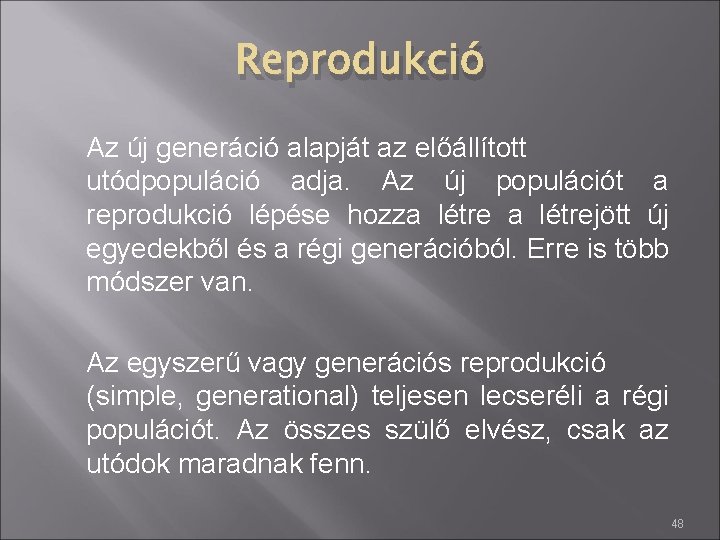 Reprodukció Az új generáció alapját az előállított utódpopuláció adja. Az új populációt a reprodukció