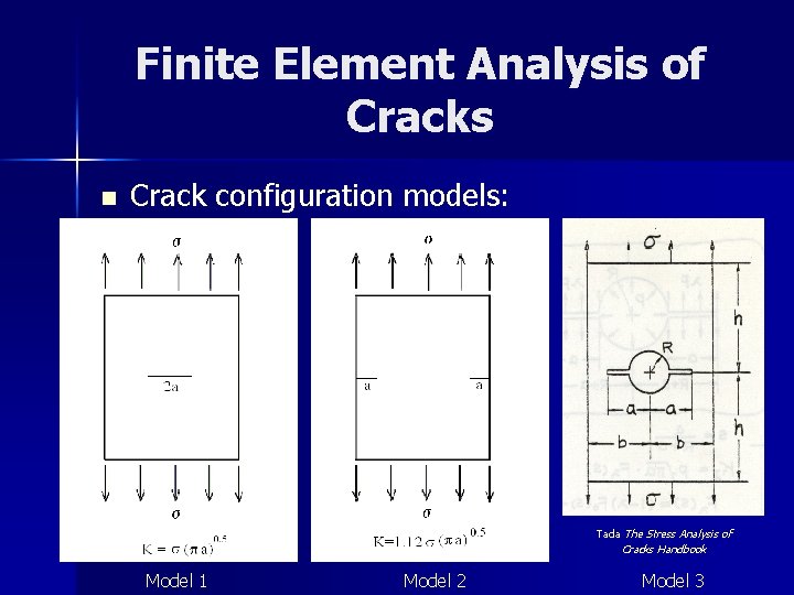 Finite Element Analysis of Cracks n Crack configuration models: Tada The Stress Analysis of