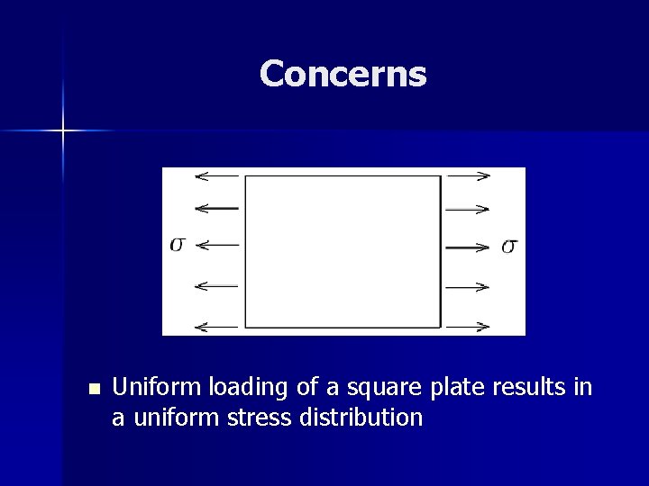 Concerns n Uniform loading of a square plate results in a uniform stress distribution