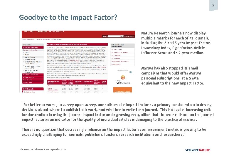 9 Goodbye to the Impact Factor? Nature Research journals now display multiple metrics for