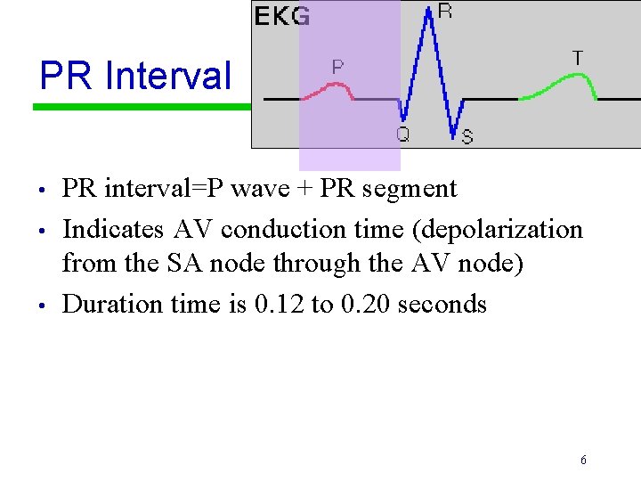 PR Interval • • • PR interval=P wave + PR segment Indicates AV conduction