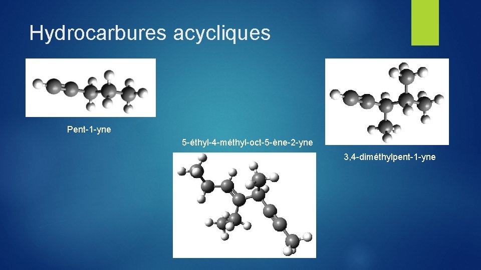 Hydrocarbures acycliques Pent-1 -yne 5 -éthyl-4 -méthyl-oct-5 -ène-2 -yne 3, 4 -diméthylpent-1 -yne 