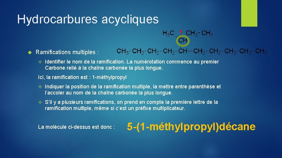 Hydrocarbures acycliques 1 Ramifications multiples : v Identifier le nom de la ramification. La