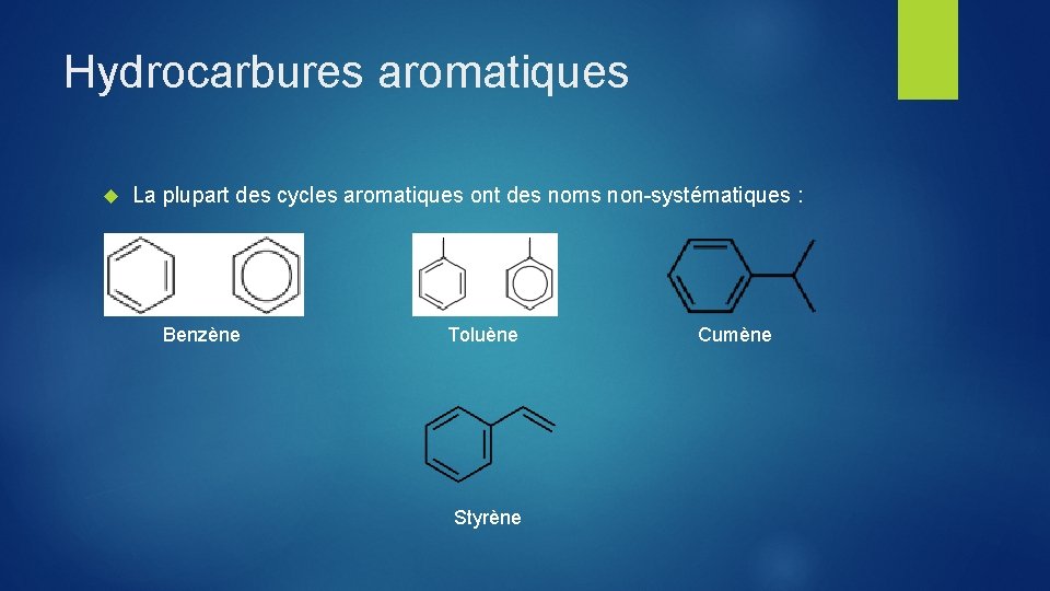 Hydrocarbures aromatiques La plupart des cycles aromatiques ont des noms non-systématiques : Benzène Toluène