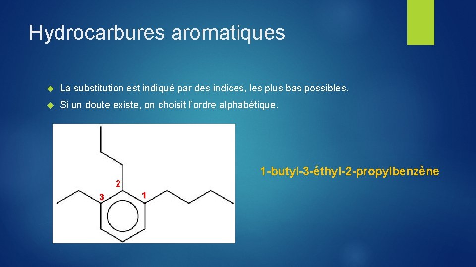 Hydrocarbures aromatiques La substitution est indiqué par des indices, les plus bas possibles. Si