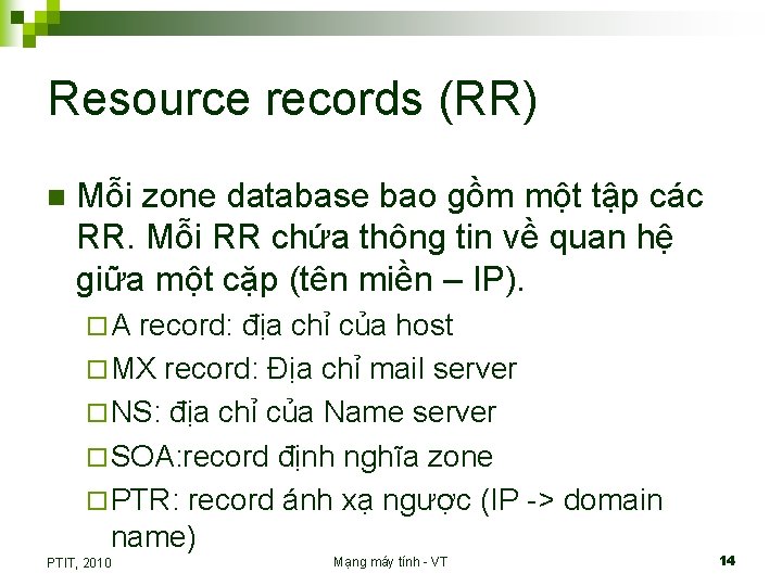 Resource records (RR) n Mỗi zone database bao gồm một tập các RR. Mỗi