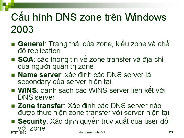 Cấu hình DNS zone trên Windows 2003 General: Trạng thái của zone, kiểu zone