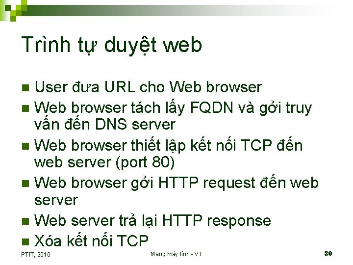Trình tự duyệt web User đưa URL cho Web browser n Web browser tách