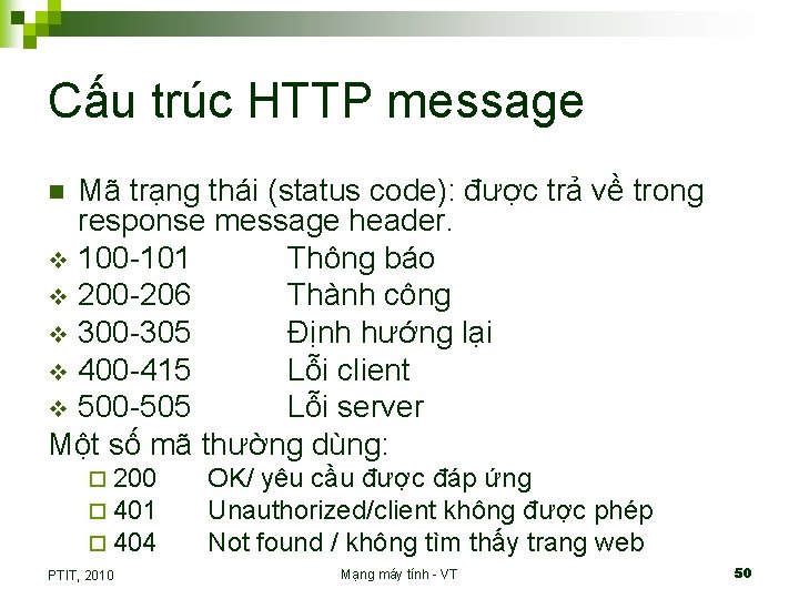 Cấu trúc HTTP message Mã trạng thái (status code): được trả về trong response