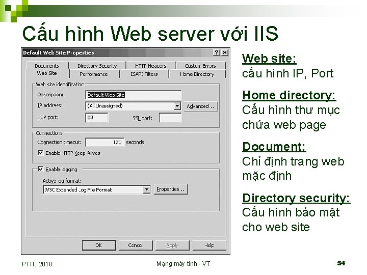 Cấu hình Web server với IIS Web site: cấu hình IP, Port Home directory: