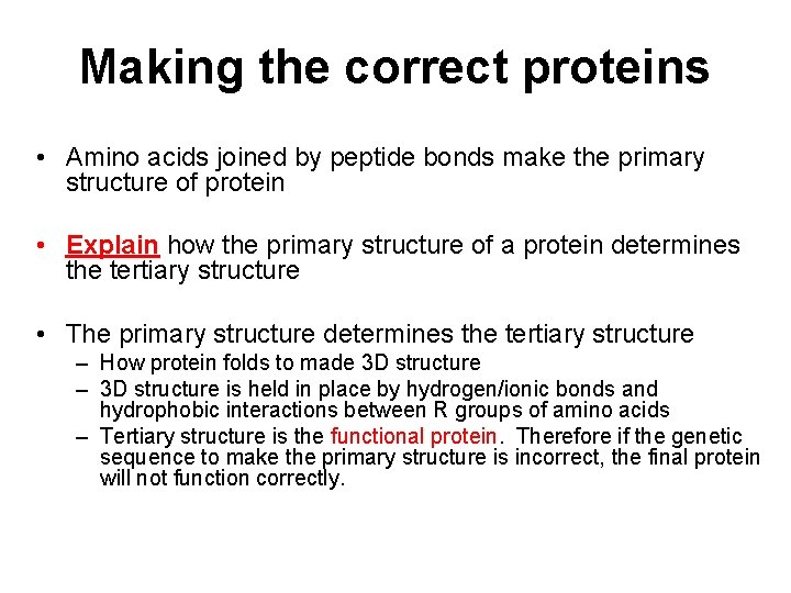 Making the correct proteins • Amino acids joined by peptide bonds make the primary